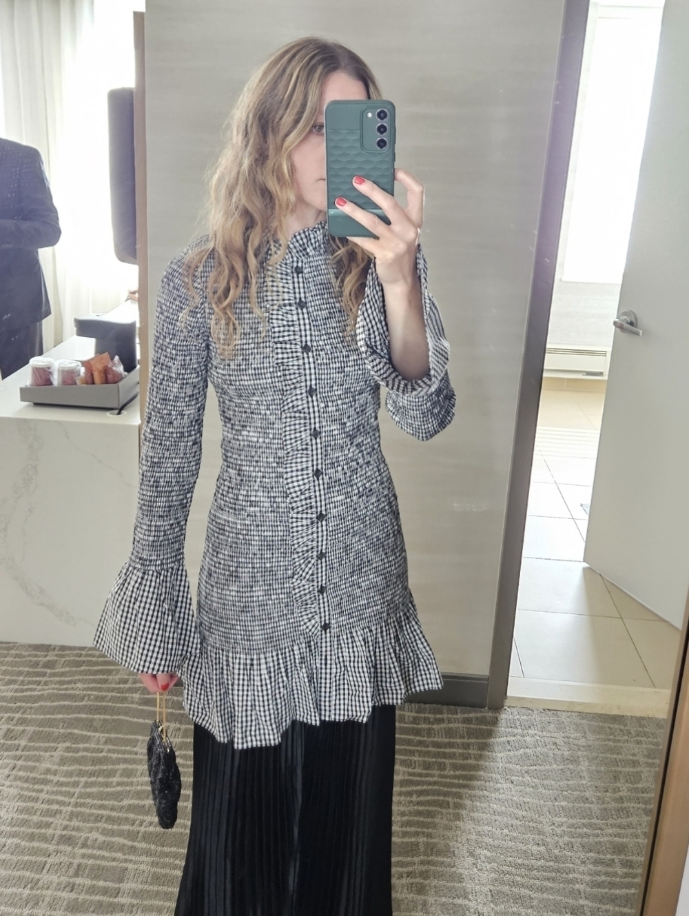 J.Crew Checked - Smocked Ruffle-Hem Long Sleeve Dress Or Top - Black & White